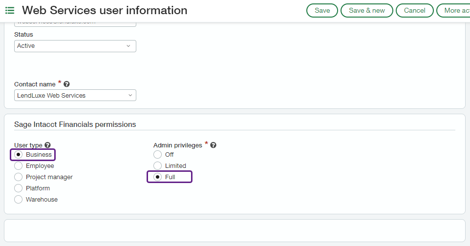 Screenshot of Sage Intacct interface displaying the Sage Intacct financials permissions section. User type is set to Business and outlined, Admin privileges are set to Full and outlined.