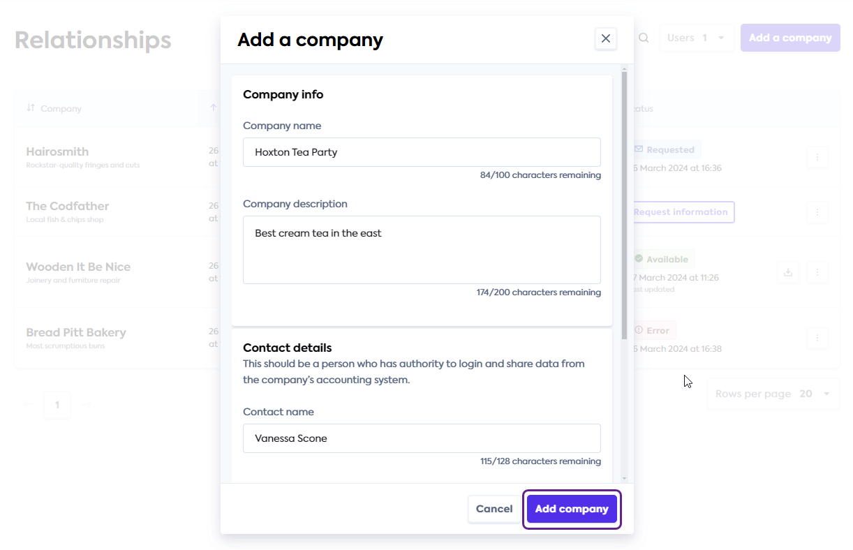 An image of the Relationship Portal user interface with the company creation window open